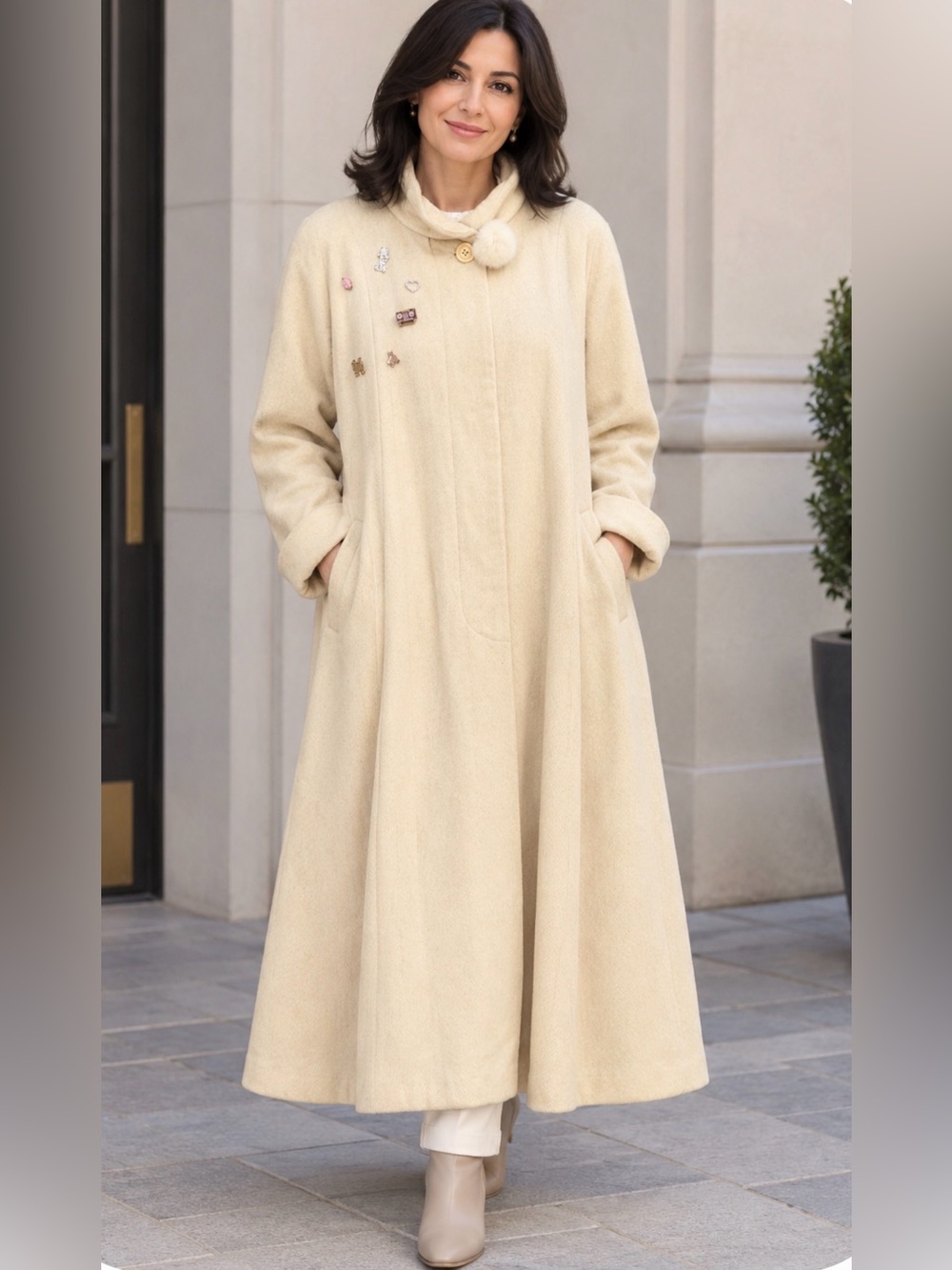 Sequence brand Vintage Long Cream Wool & Cashmere blend Coat with Pom Collar